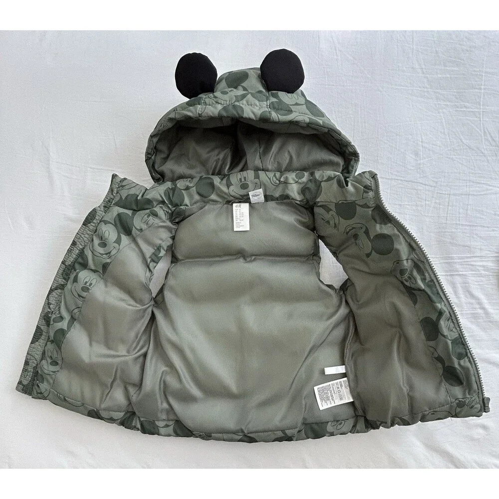 NWOT H&M Disney Mickey Mouse Hooded Puffer Vest Green Zip 3D Ears Toddler 2T